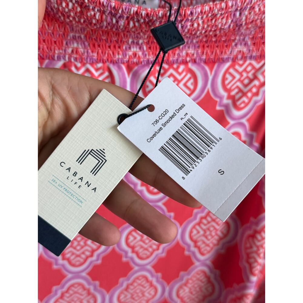 Cabana Life Coral Geo Off Shoulder Coverlux Smocked Mini Dress Pink Womens S NWT - Picture 9 of 13